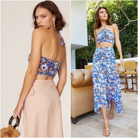 MISA LOS ANGELES Floral Ruched Smocked Sleeveless Halter Neck Chiffon Crop Top M - Picture 7 of 16